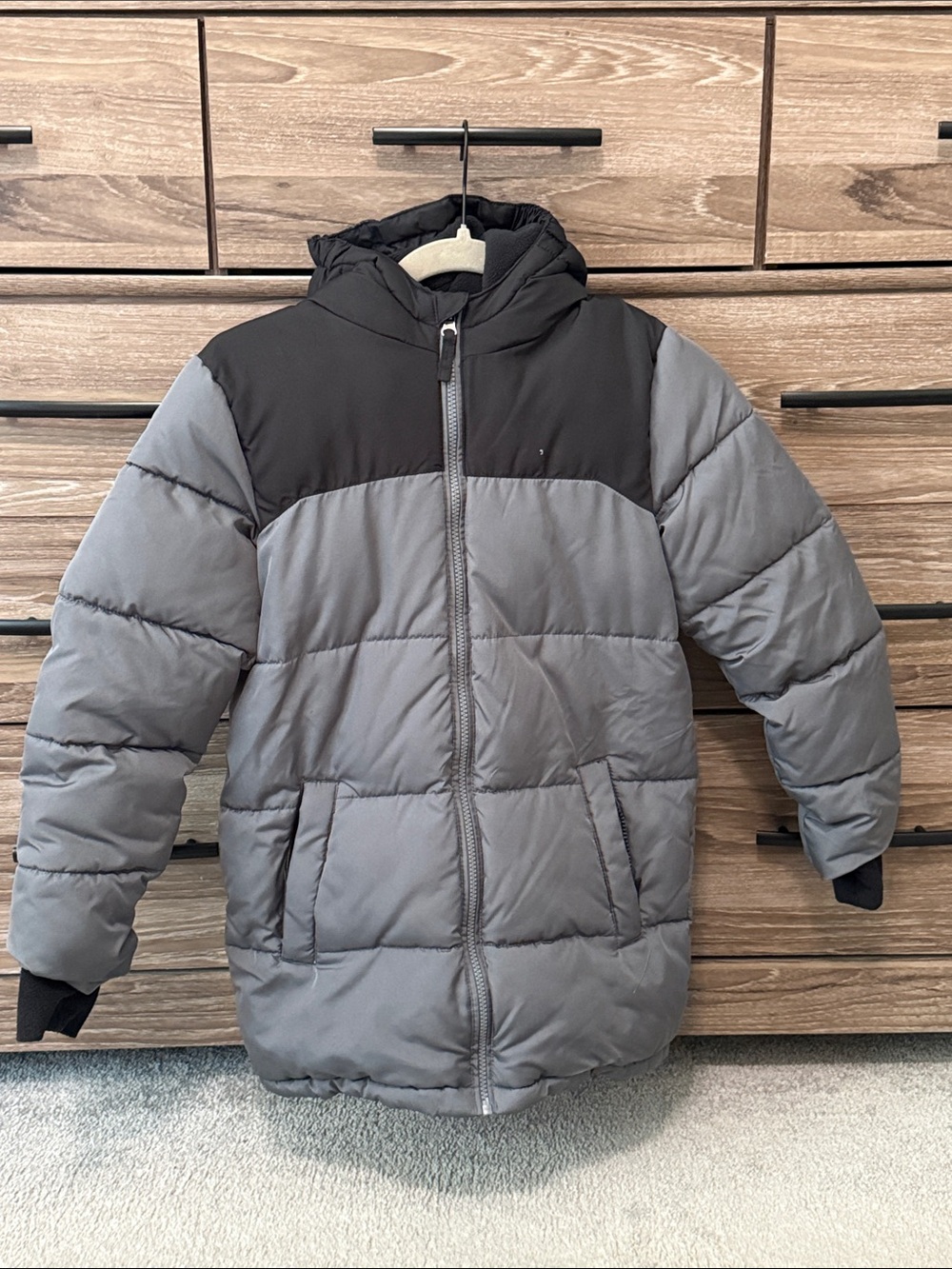 Kids Lands' End Fleece Lined Hooded Parka Jacket Size Medium 10/12 Grey/Black